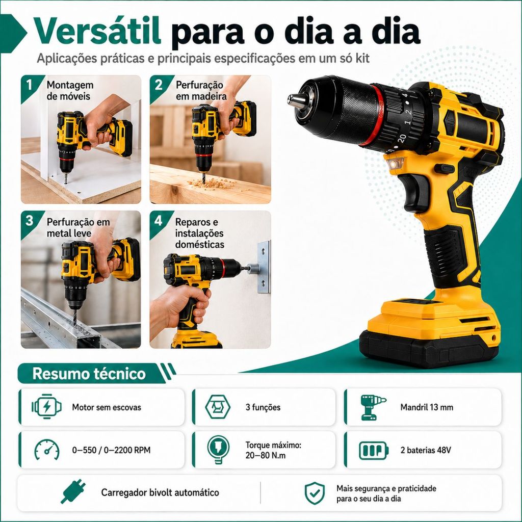 Parafusadeira Furadeira Impacto 48V Brushless 2 Baterias Maleta Acessórios Mandril 13mm Kit Completo