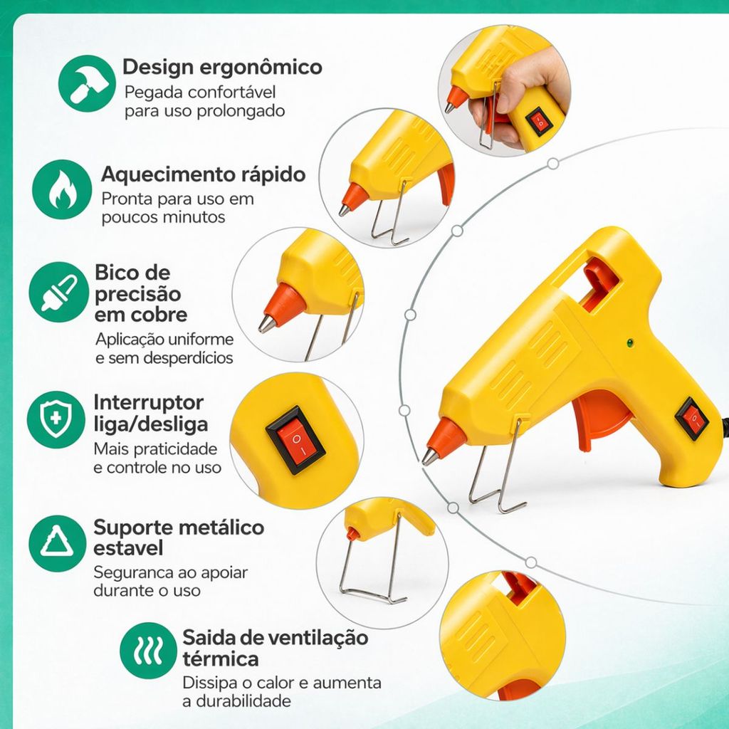 Pistola Aplicadora de Cola Quente 20W + 10 Bastões Finos 7mm Secagem Rápida 110V e 220V Artesanato