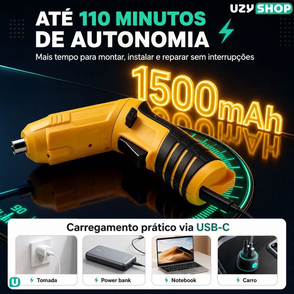 Mini Parafusadeira Sem Fio Articulada Portátil Maleta com 48 Pcs Torque 3,5Nm 1500mAh USB-C