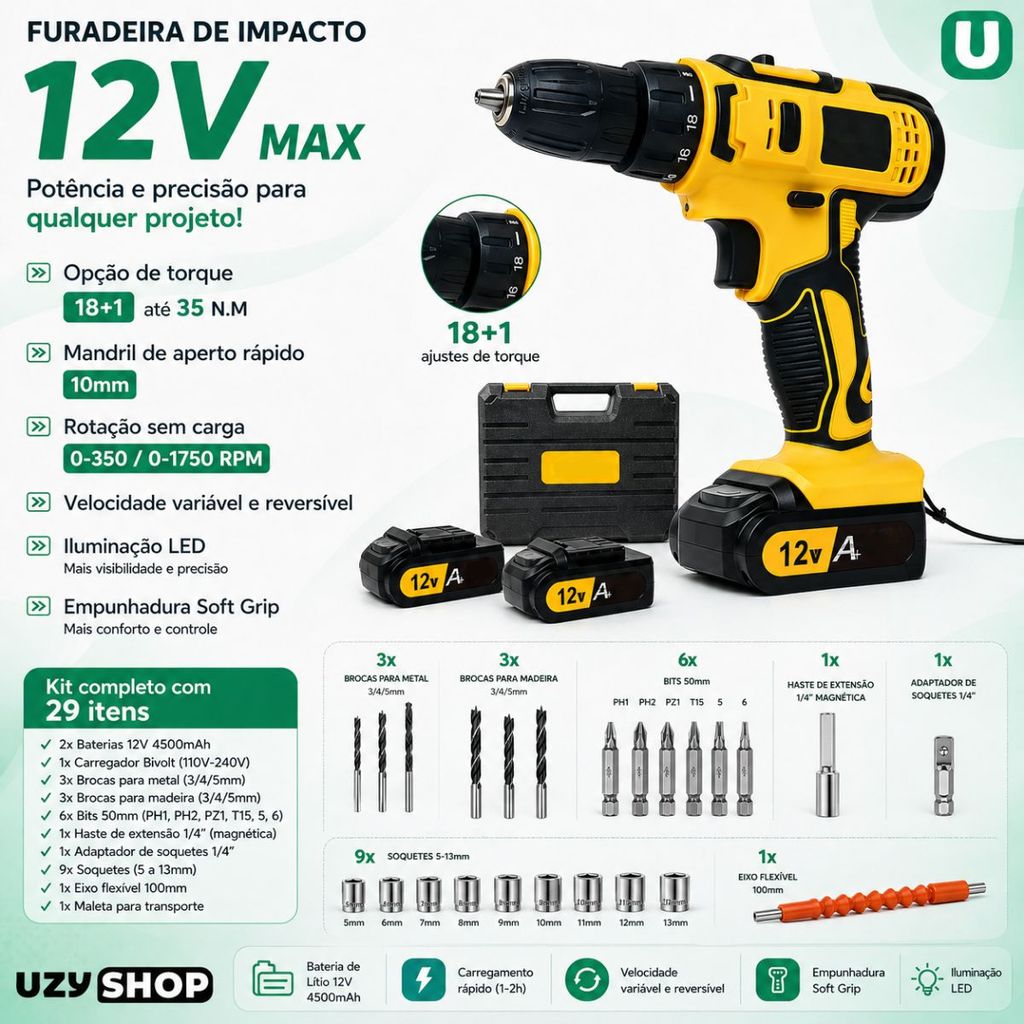 Parafusadeira Furadeira de Impacto Sem Fio 2 Baterias 12V Mandril 10mm Maleta com 28pcs Bivolt