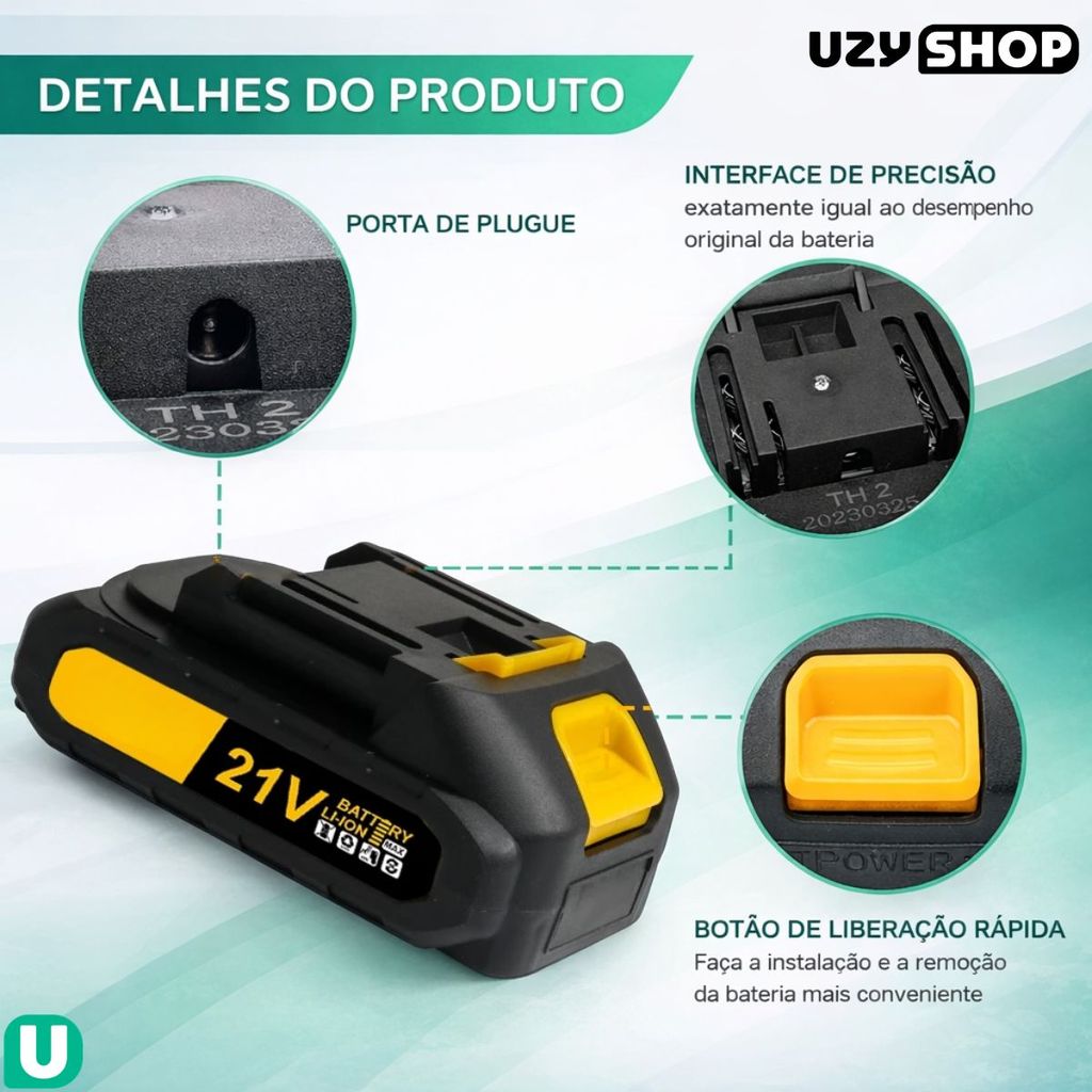 Bateria Lítio 21V 7500mAh Longa Duração Compatível Com Parafusadeira de Impacto Soprador Lixadeira