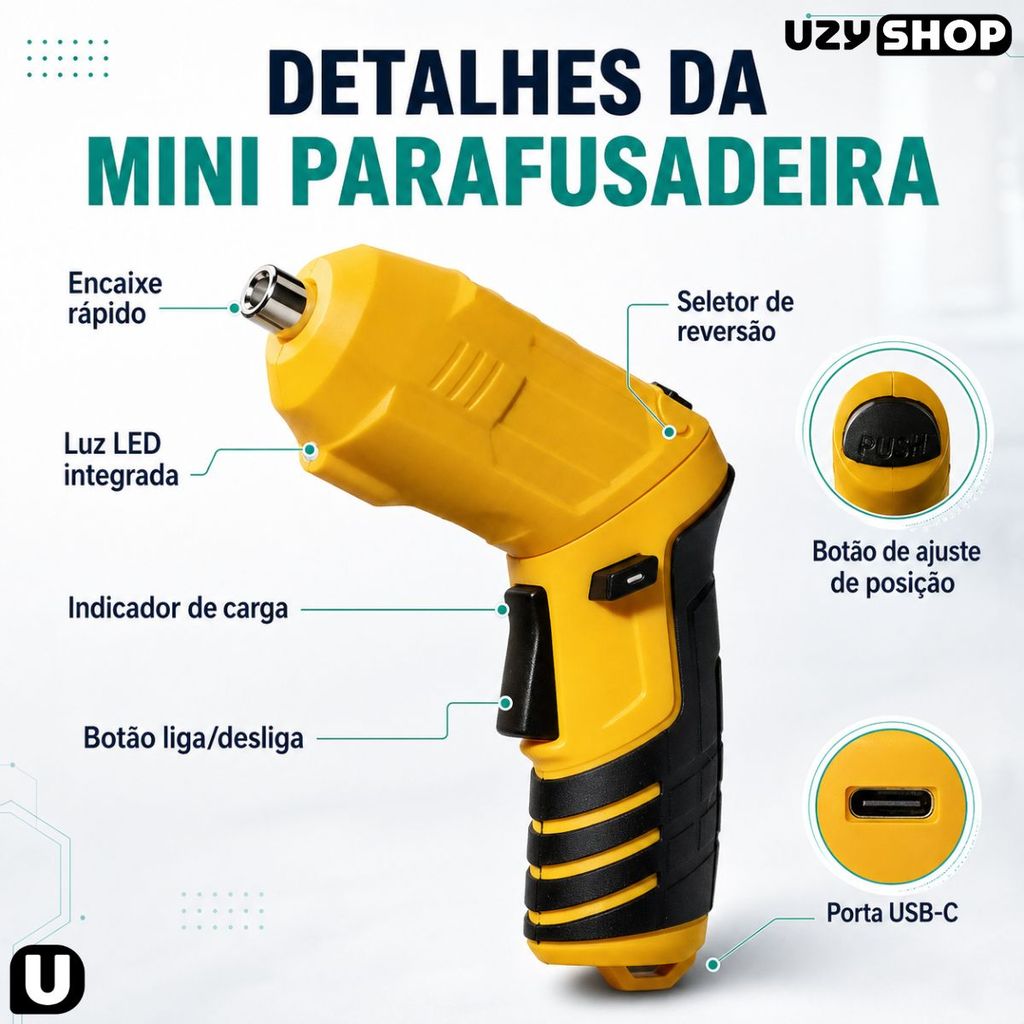Mini Parafusadeira Sem Fio Articulada Portátil Maleta com 48 Pcs Torque 3,5Nm 1500mAh USB-C