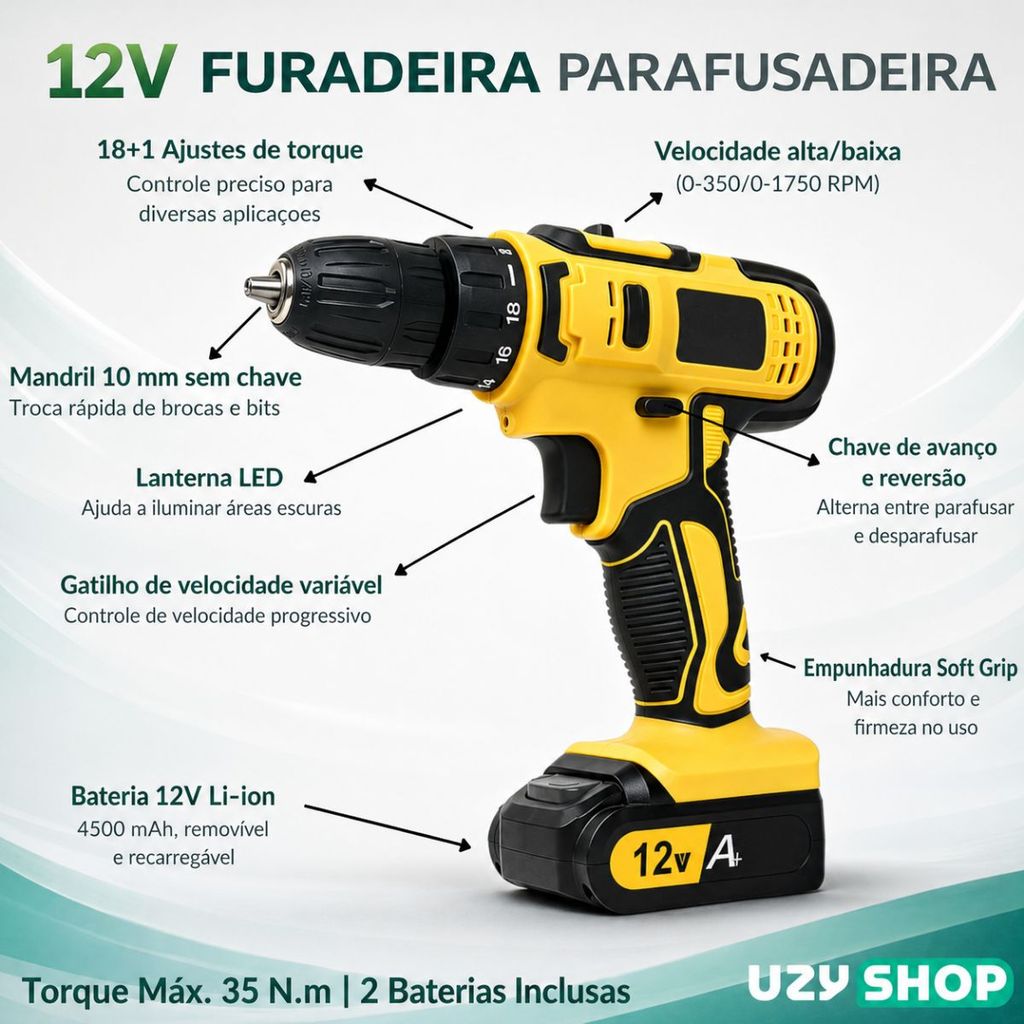 Parafusadeira Furadeira de Impacto Sem Fio 2 Baterias 12V Mandril 10mm Maleta com 28pcs Bivolt
