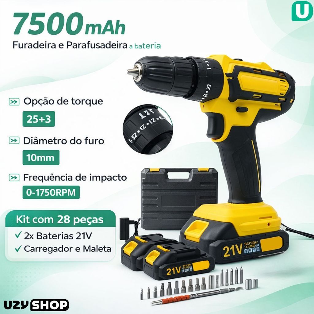 Parafusadeira Furadeira Elétrica Sem Fio 2 Baterias 21V Maleta Completa com 28 Acessórios Bivolt