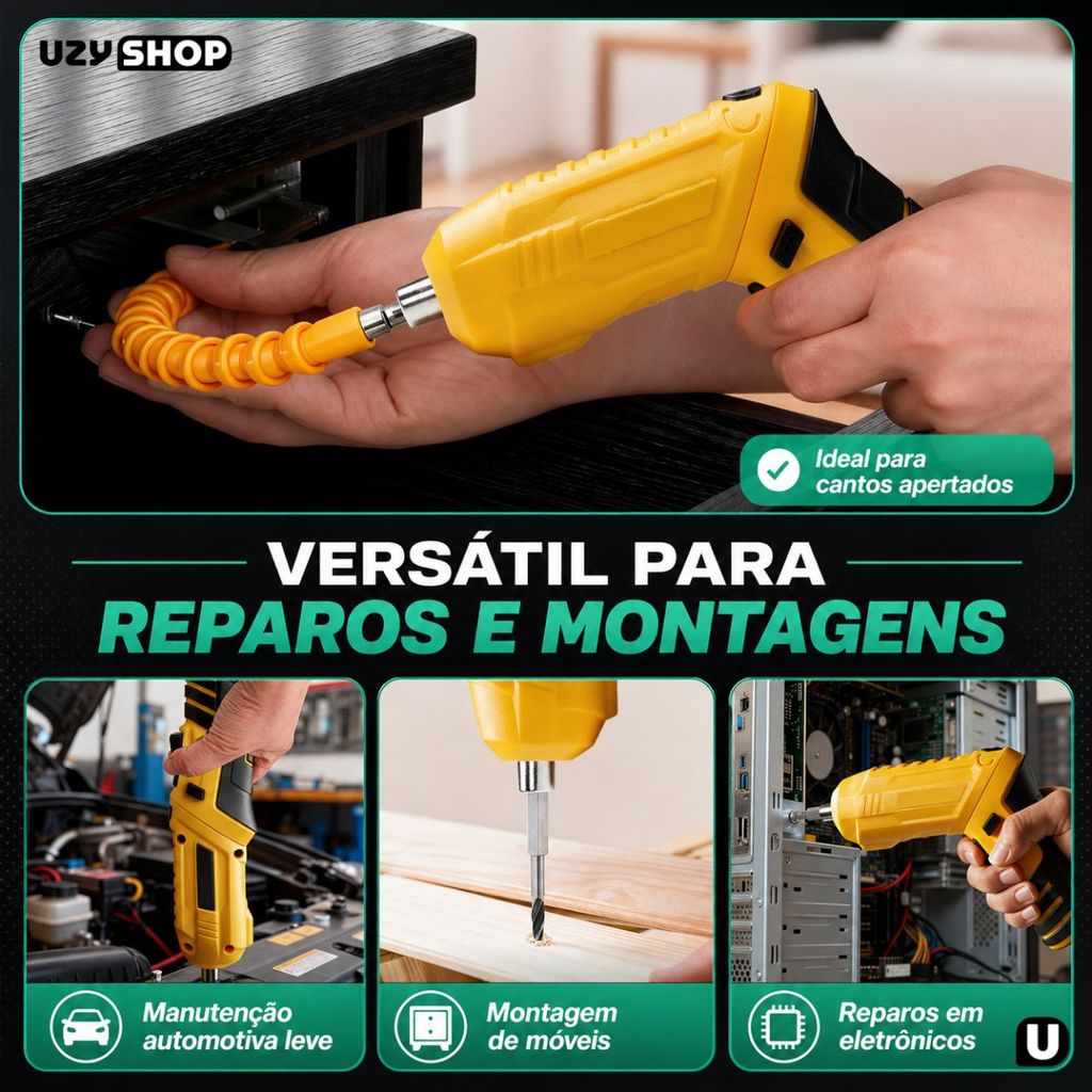 Mini Parafusadeira Sem Fio Articulada Portátil Maleta com 48 Pcs Torque 3,5Nm 1500mAh USB-C