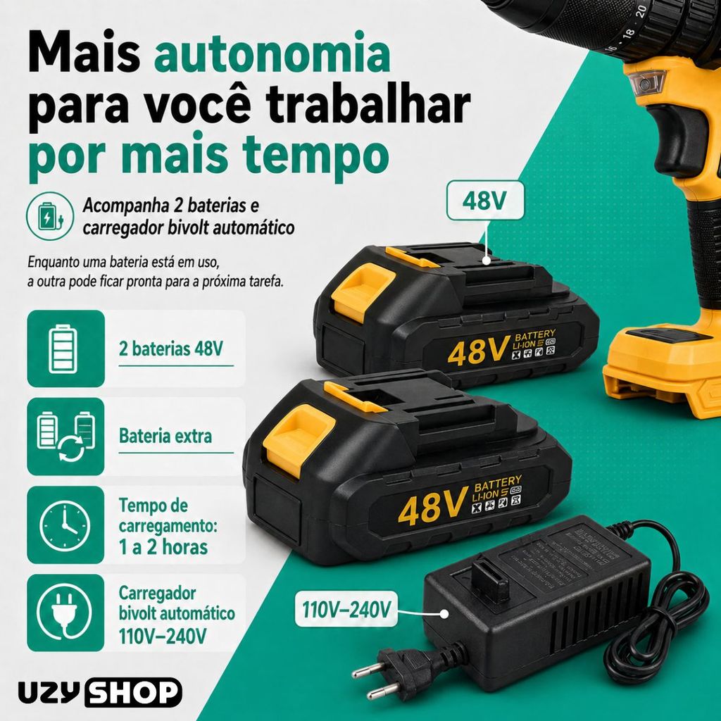 Parafusadeira Furadeira Impacto 48V Brushless 2 Baterias Maleta Acessórios Mandril 13mm Kit Completo