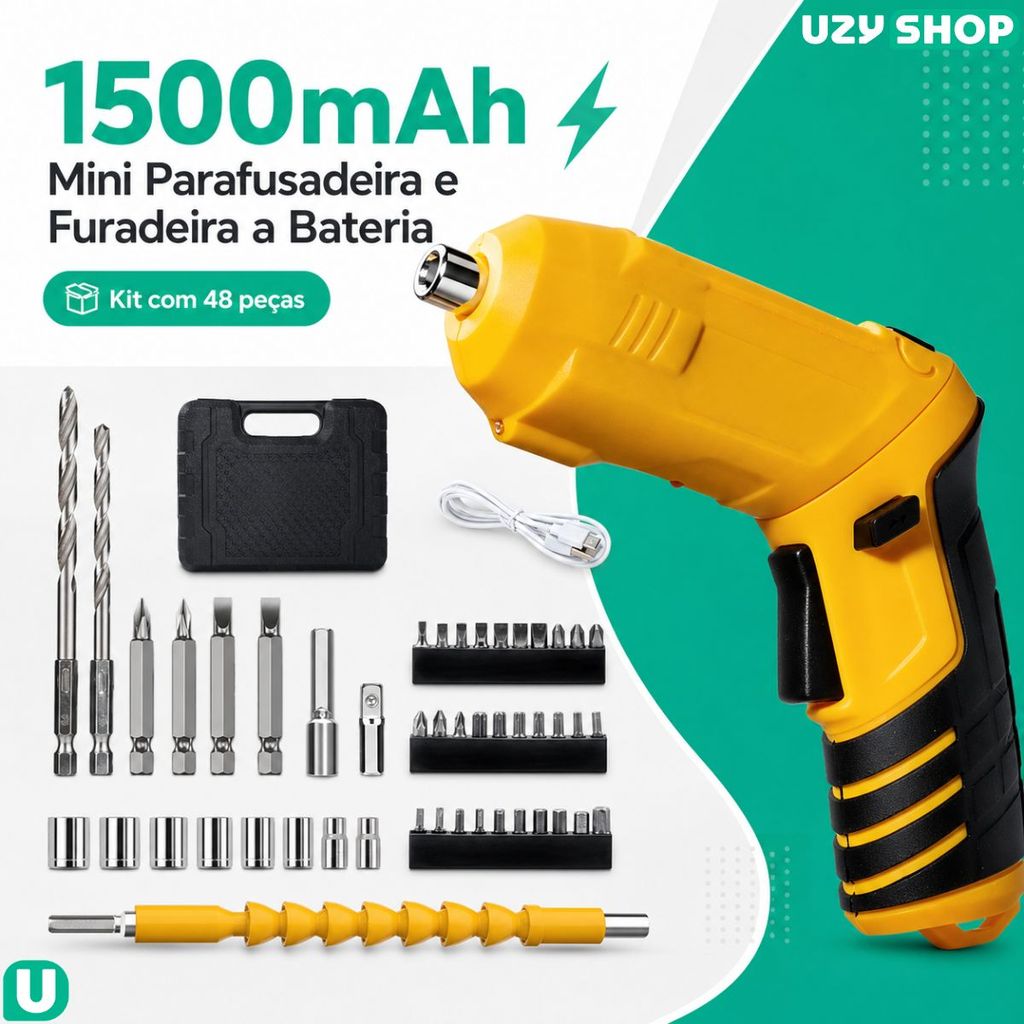 Mini Parafusadeira Sem Fio Articulada Portátil Maleta com 48 Pcs Torque 3,5Nm 1500mAh USB-C