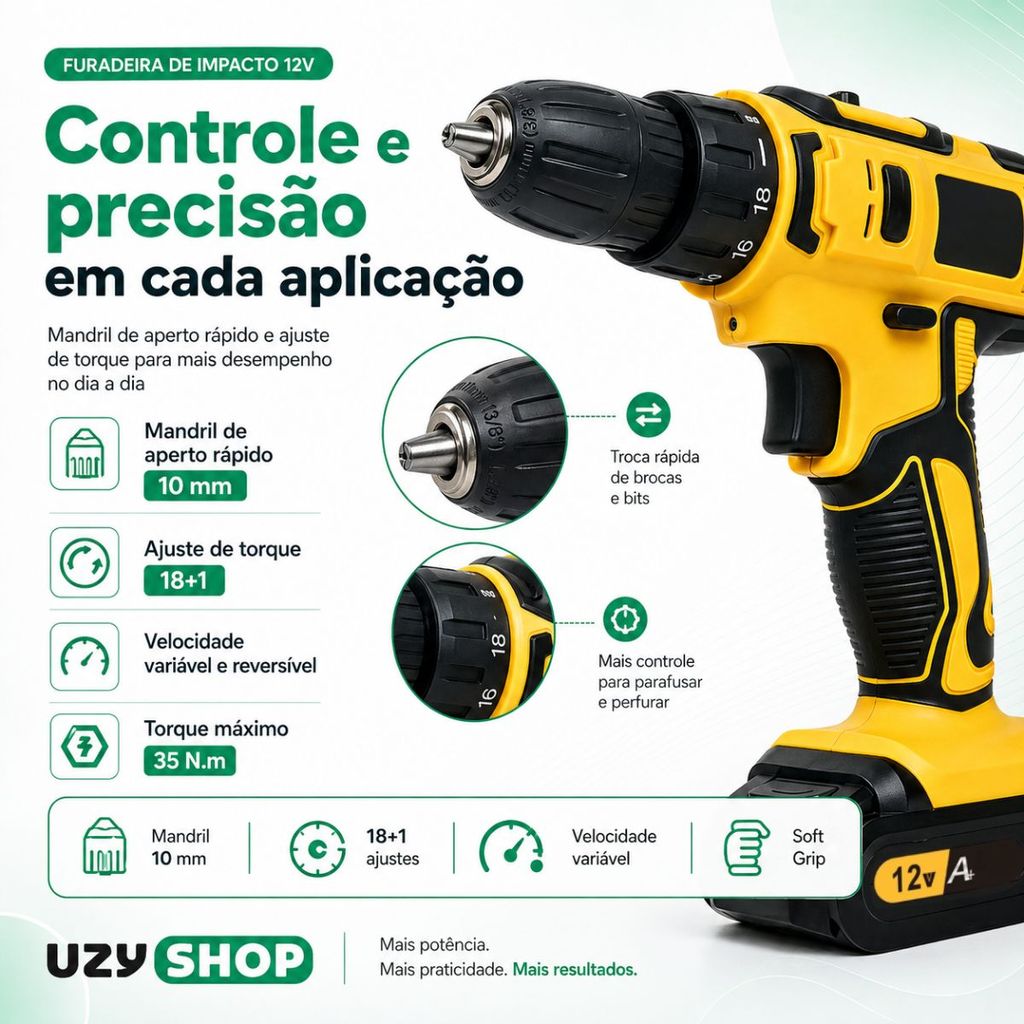 Parafusadeira Furadeira de Impacto Sem Fio 2 Baterias 12V Mandril 10mm Maleta com 28pcs Bivolt