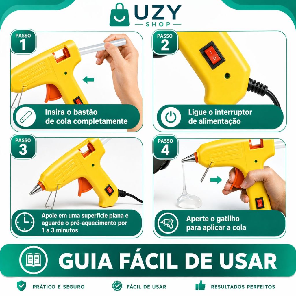 Pistola Aplicadora de Cola Quente 20W + 10 Bastões Finos 7mm Secagem Rápida 110V e 220V Artesanato