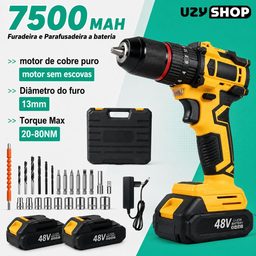 Parafusadeira Furadeira Impacto 48V Brushless 2 Baterias Maleta Acessórios Mandril 13mm Kit Completo