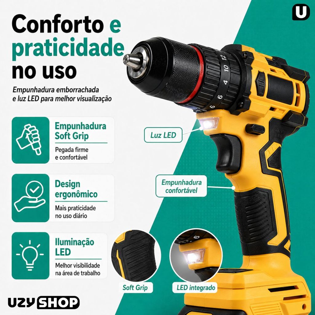Parafusadeira Furadeira Impacto 48V Brushless 2 Baterias Maleta Acessórios Mandril 13mm Kit Completo