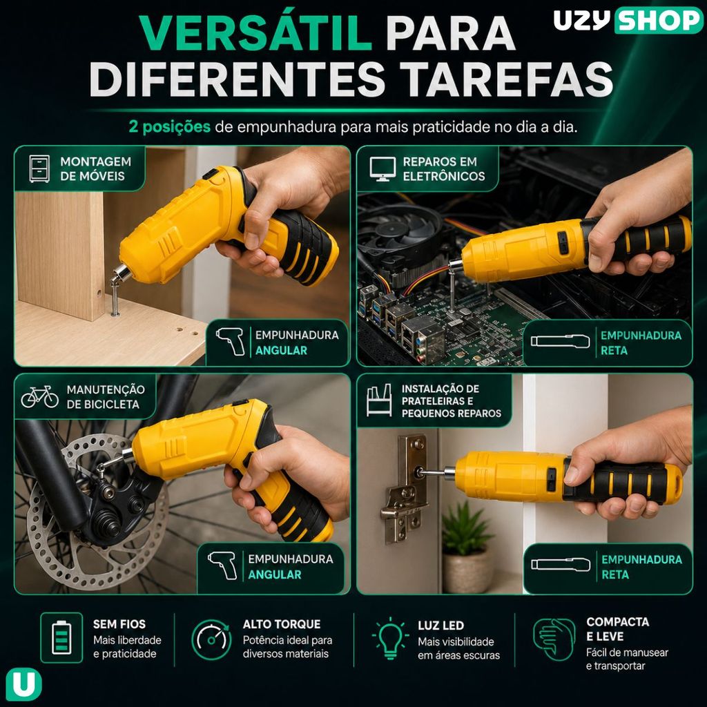 Mini Parafusadeira Sem Fio Articulada Portátil Maleta com 48 Pcs Torque 3,5Nm 1500mAh USB-C