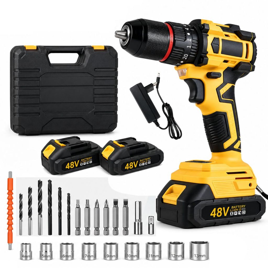 Parafusadeira Furadeira Impacto 48V Brushless 2 Baterias Maleta Acessórios Mandril 13mm Kit Completo