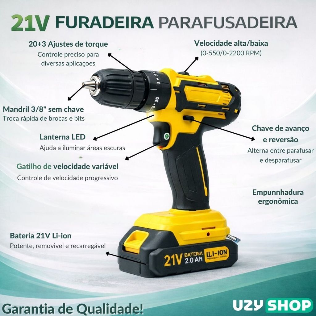 Parafusadeira Furadeira Elétrica Sem Fio 2 Baterias 21V Maleta Completa com 28 Acessórios Bivolt