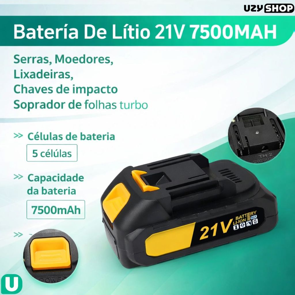 Bateria Lítio 21V 7500mAh Longa Duração Compatível Com Parafusadeira de Impacto Soprador Lixadeira