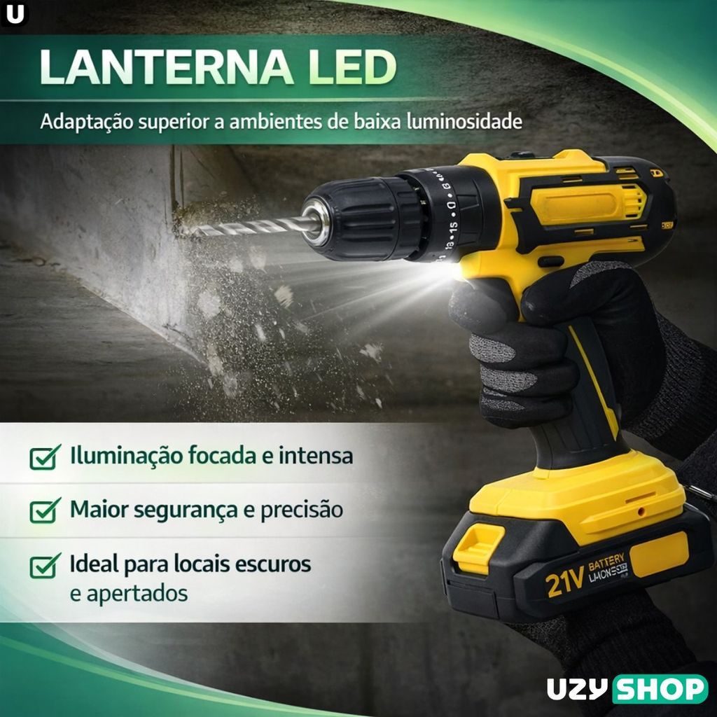 Parafusadeira Furadeira Elétrica Sem Fio 2 Baterias 21V Maleta Completa com 28 Acessórios Bivolt