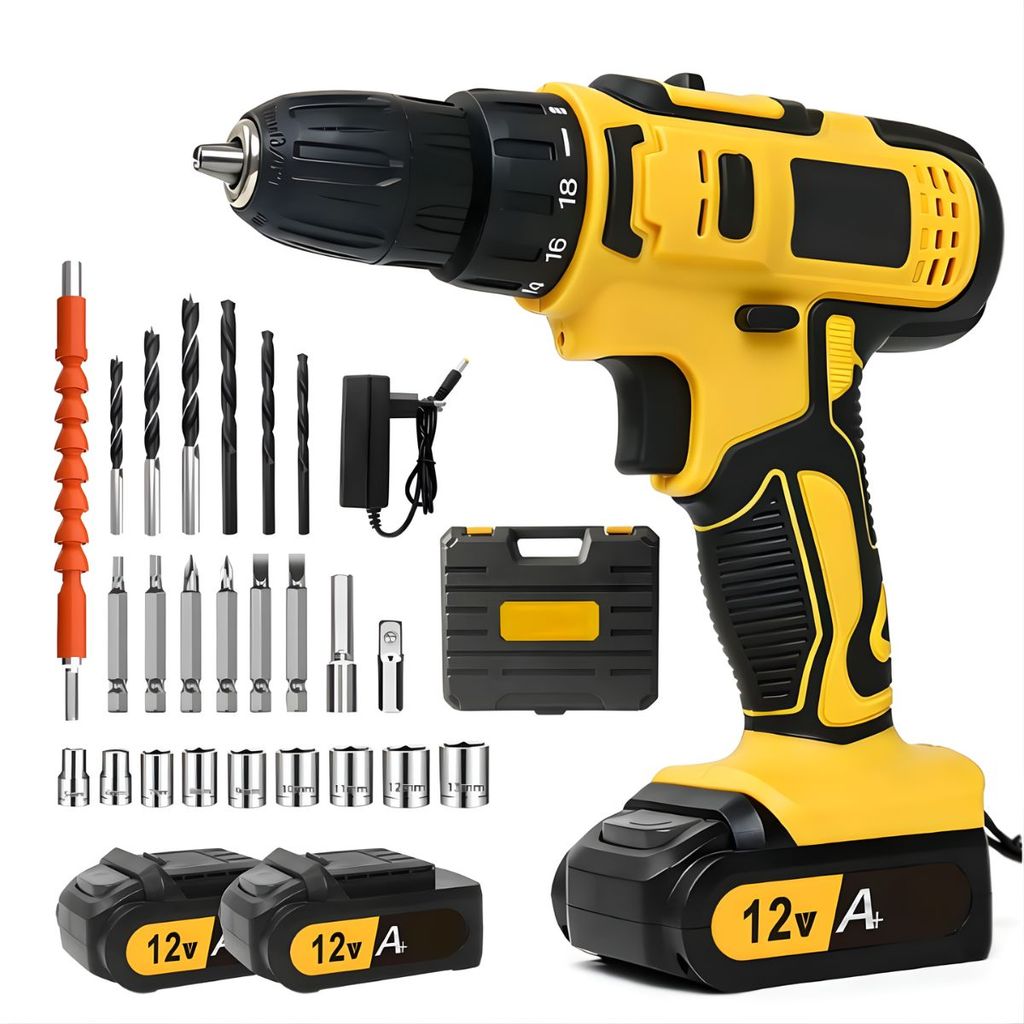 Parafusadeira Furadeira de Impacto Sem Fio 2 Baterias 12V Mandril 10mm Maleta com 28pcs Bivolt