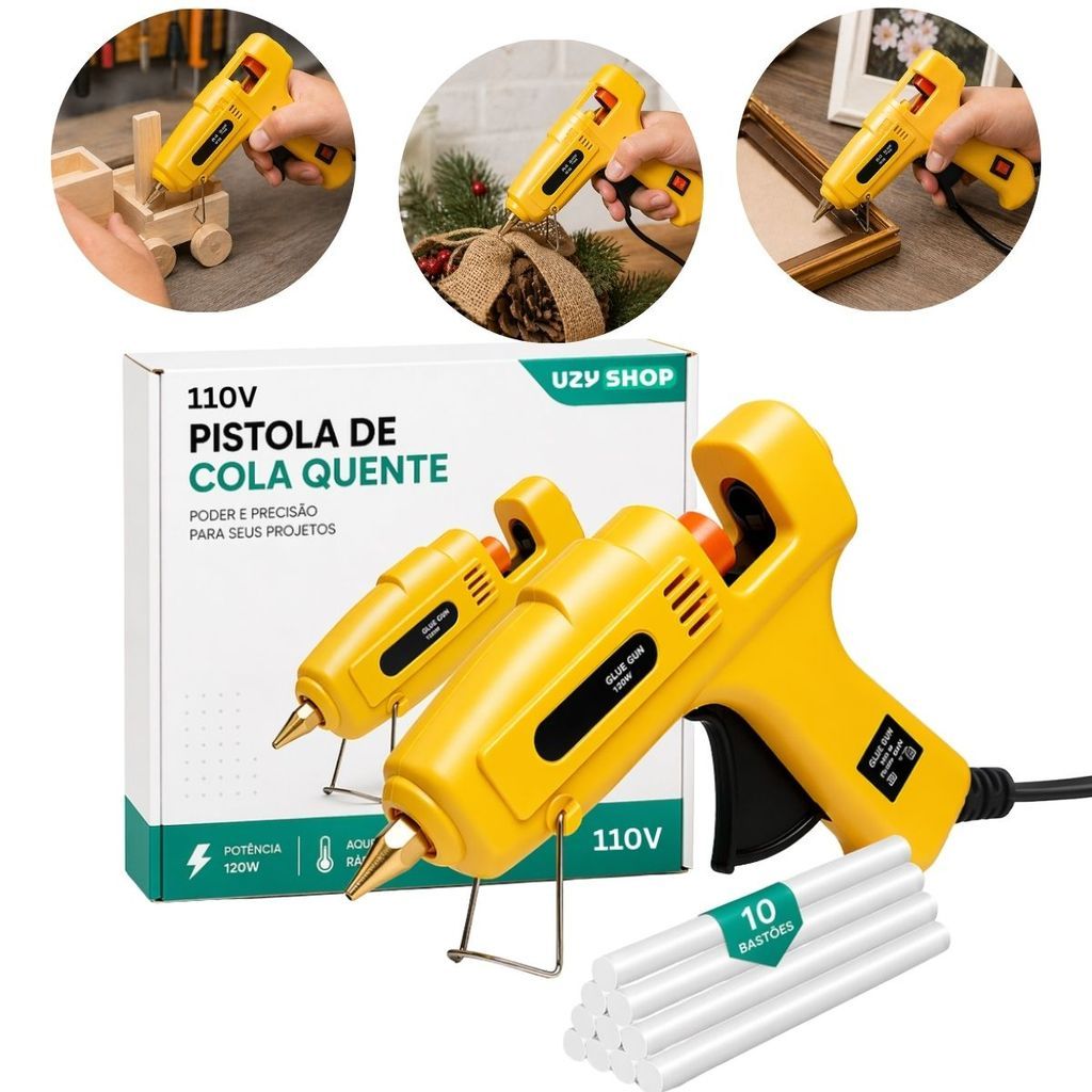 Máquina Profissional Pistola de Cola Quente 120W + 10 Bastões Grossos 11mm Secagem Rápida