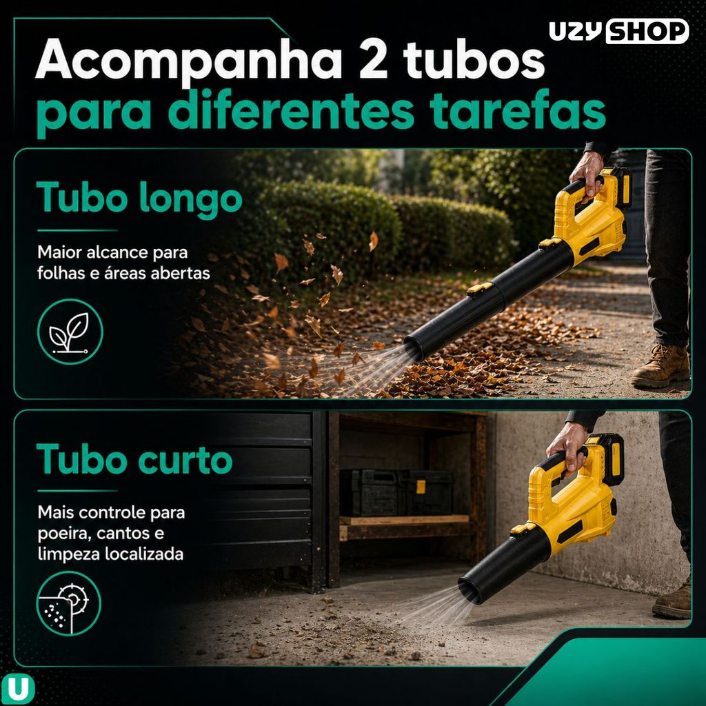 Soprador de Folhas a Bateria 88V Sem Fio com 2 Tubos Carregador Bivolt para Quintal e Garagem