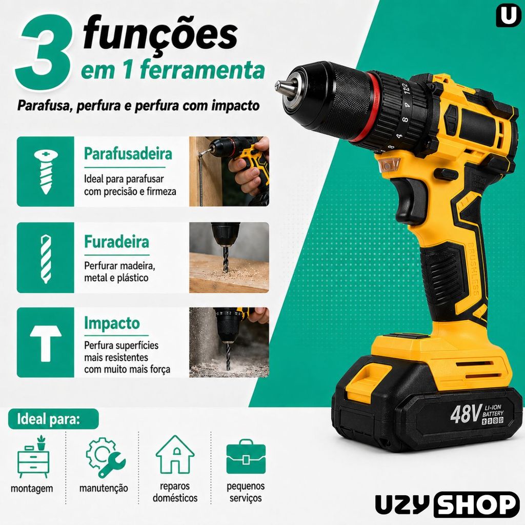 Parafusadeira Furadeira Impacto 48V Brushless 2 Baterias Maleta Acessórios Mandril 13mm Kit Completo