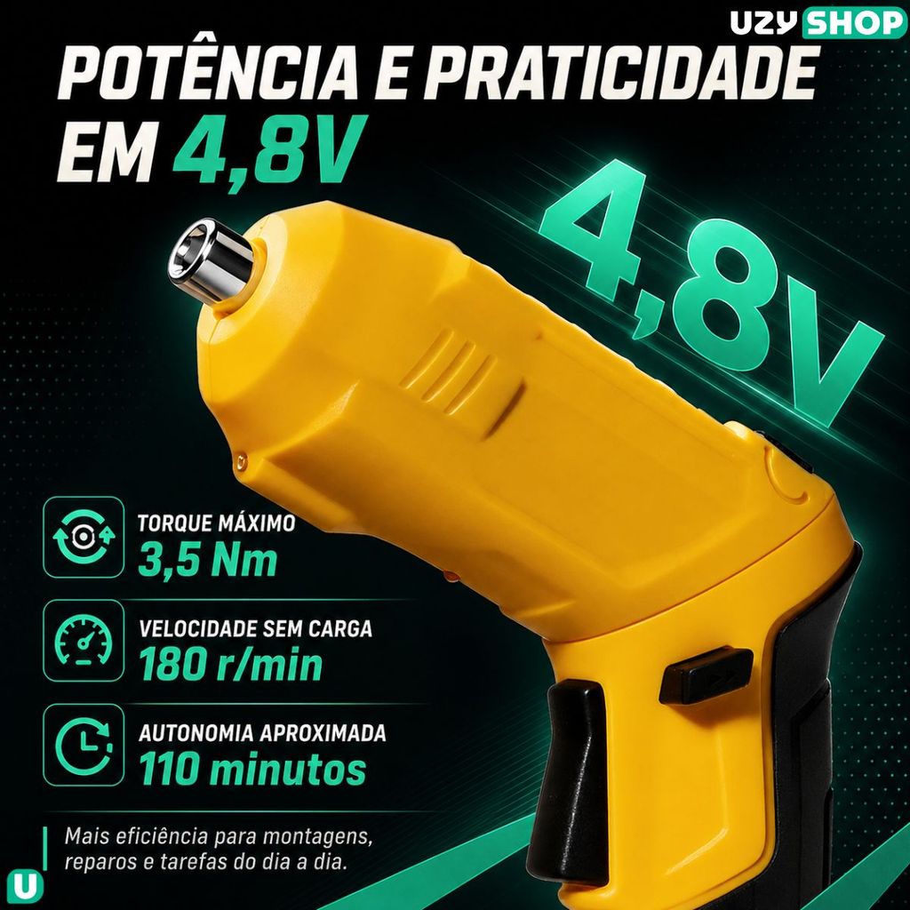 Mini Parafusadeira Sem Fio Articulada Portátil Maleta com 48 Pcs Torque 3,5Nm 1500mAh USB-C