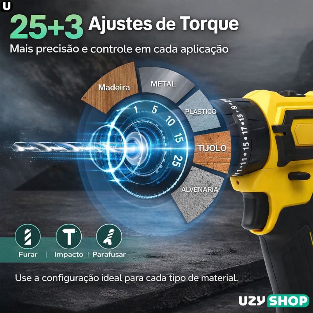 Parafusadeira Furadeira Elétrica Sem Fio 2 Baterias 21V Maleta Completa com 28 Acessórios Bivolt