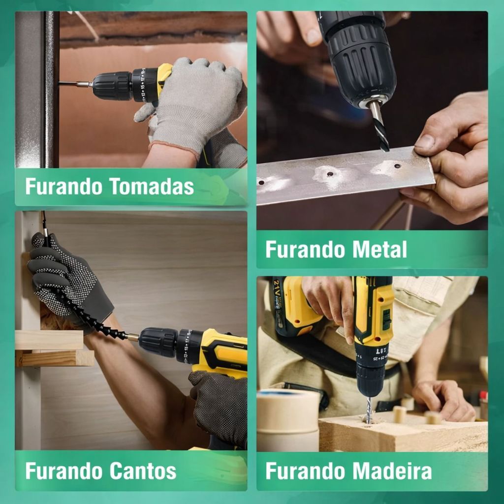 Parafusadeira Furadeira Elétrica Sem Fio 2 Baterias 21V Maleta Completa com 28 Acessórios Bivolt