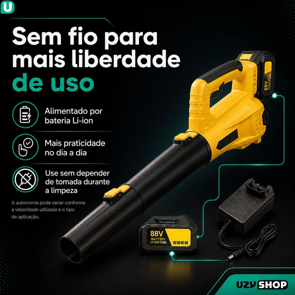 Soprador de Folhas a Bateria 88V Sem Fio com 2 Tubos Carregador Bivolt para Quintal e Garagem