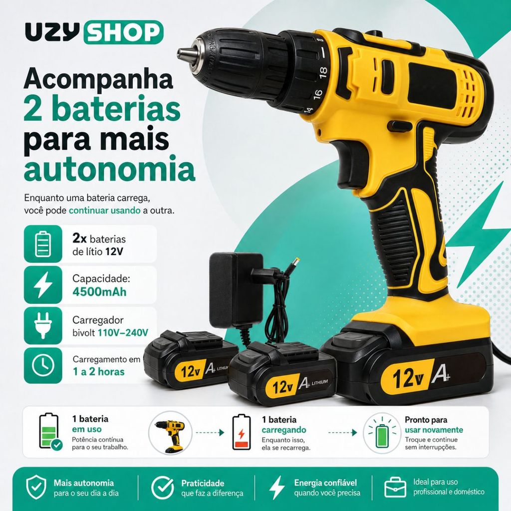 Parafusadeira Furadeira de Impacto Sem Fio 2 Baterias 12V Mandril 10mm Maleta com 28pcs Bivolt