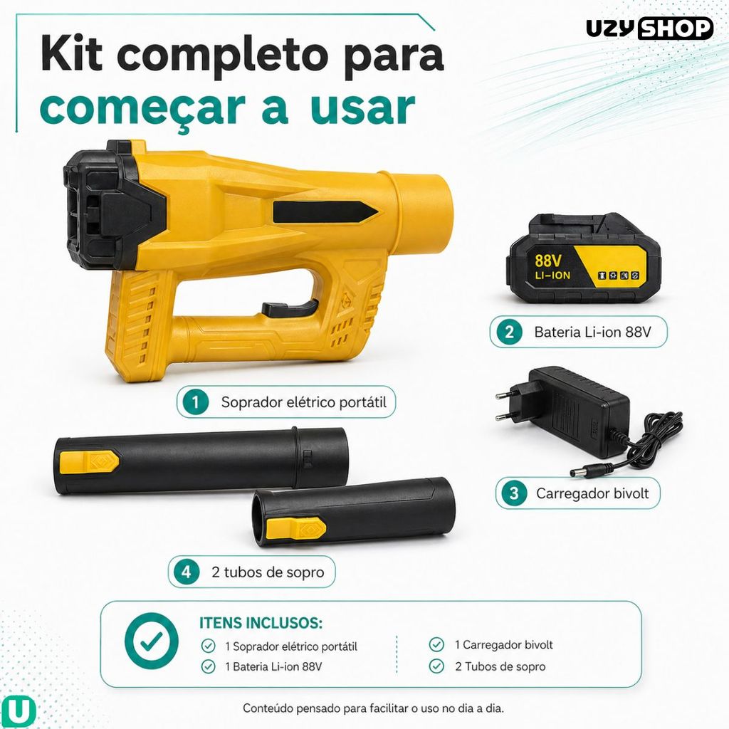 Soprador de Folhas a Bateria 88V Sem Fio com 2 Tubos Carregador Bivolt para Quintal e Garagem