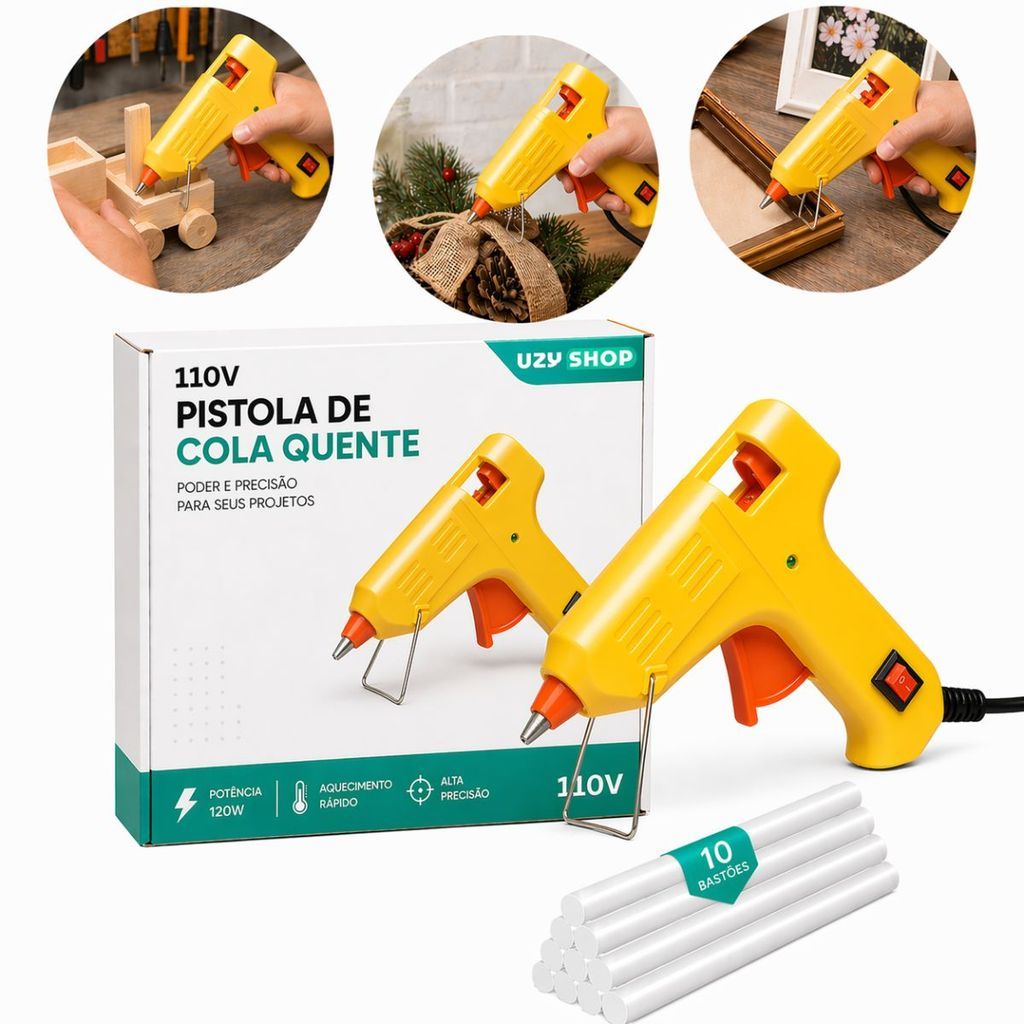 Pistola Aplicadora de Cola Quente 20W + 10 Bastões Finos 7mm Secagem Rápida 110V e 220V Artesanato