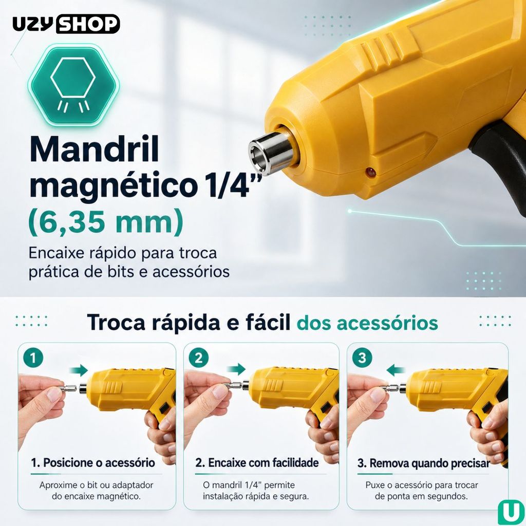 Mini Parafusadeira Sem Fio Articulada Portátil Maleta com 48 Pcs Torque 3,5Nm 1500mAh USB-C