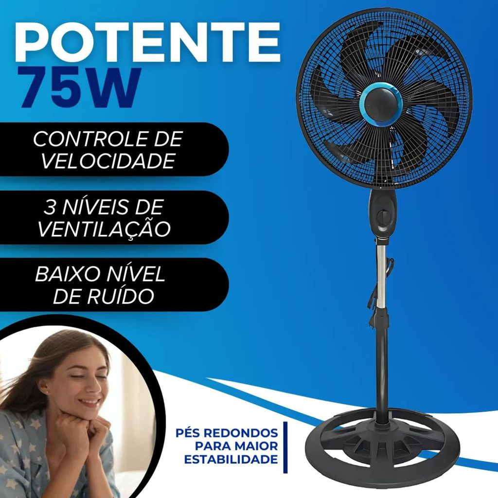 Ventilador Coluna 6 Pás Turbo Silencioso 67dB Motor 3 Velocidades Potência 70W