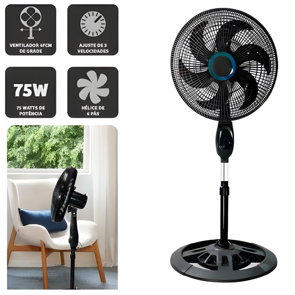 Ventilador Coluna 6 Pás Turbo Silencioso 67dB Motor 3 Velocidades Potência 70W
