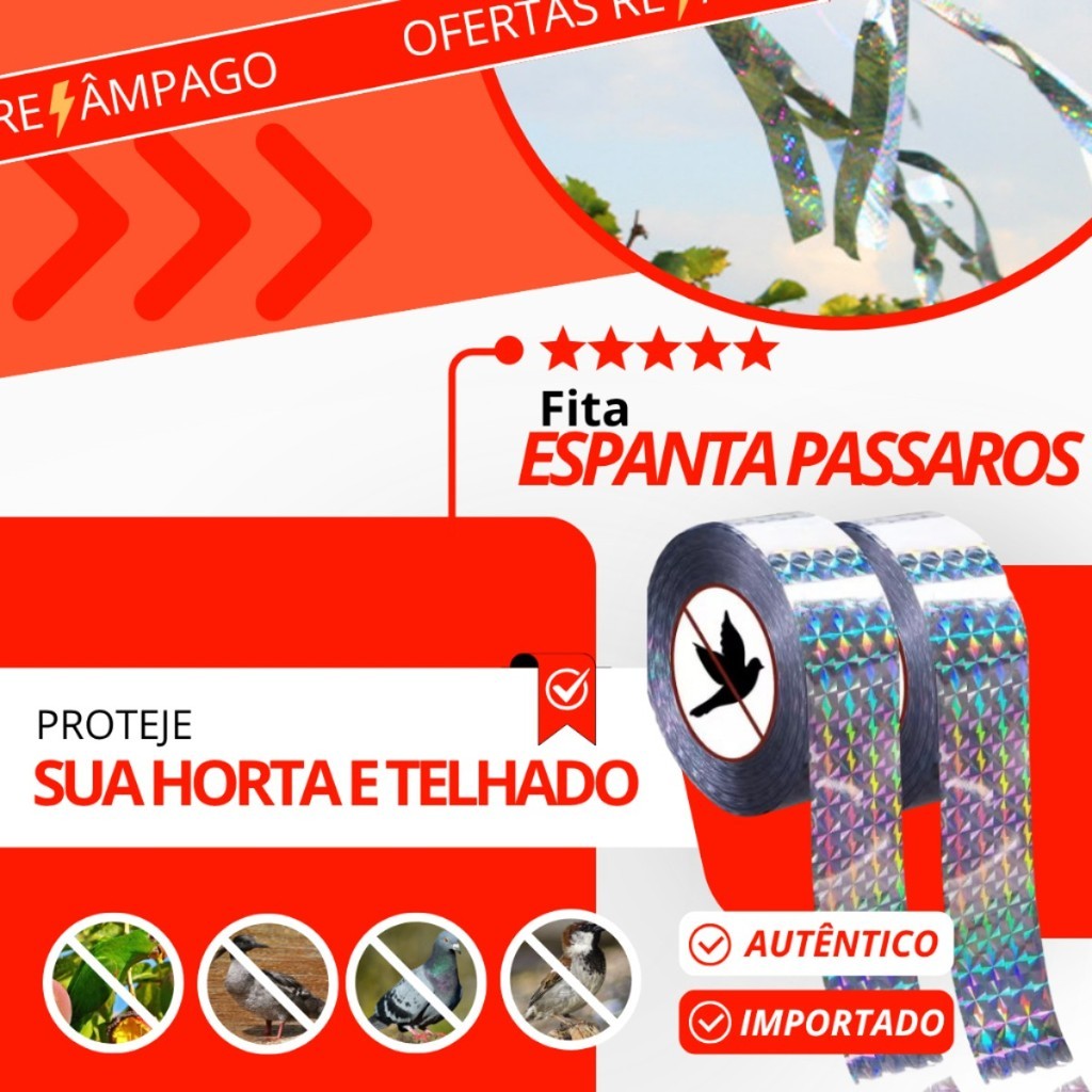 Fita Espanta Pombos Aves 45m Refletiva Sonora Proteção Jardim Telhado Humanitária Sem Danos - Uzy Shop