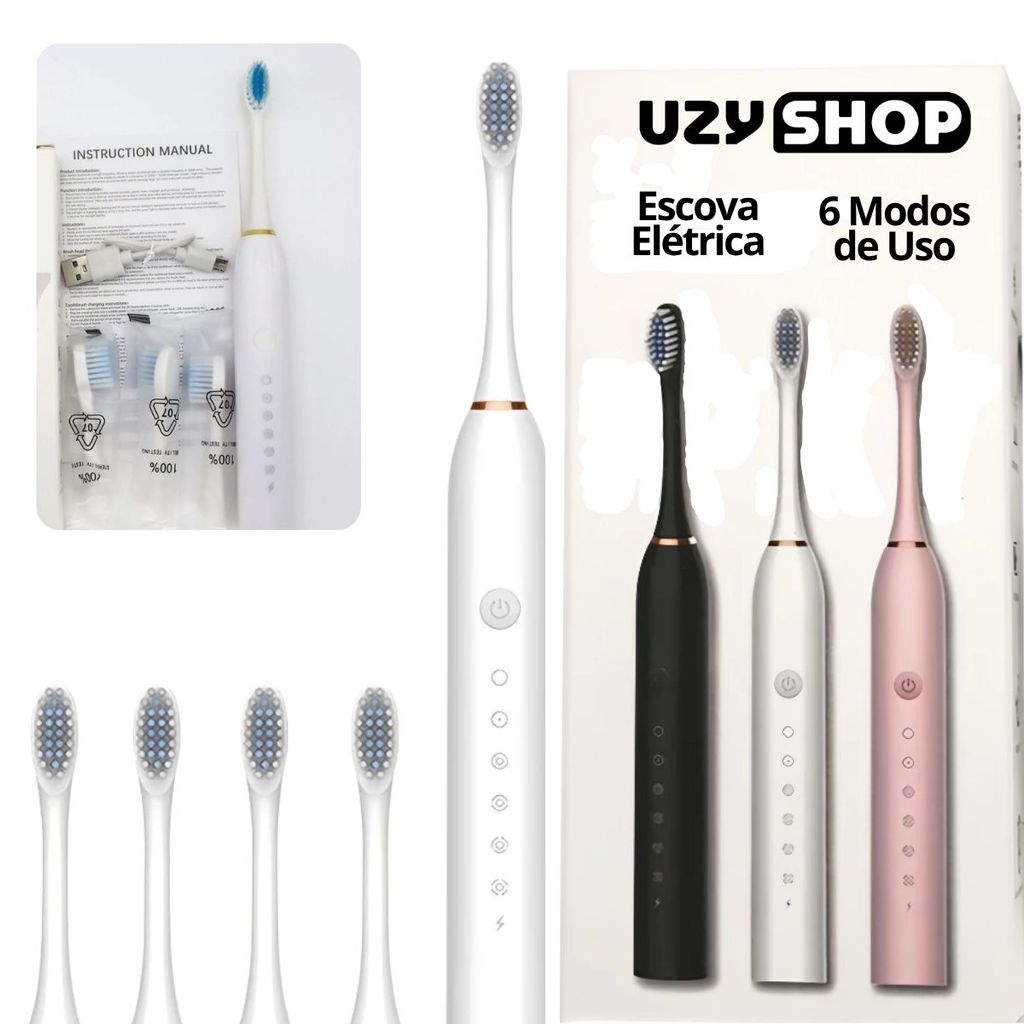Escova Dental Elétrica Ultrassônica USB 6 Modos IPX7 Recarregável + 2 Refis Limpeza Profunda