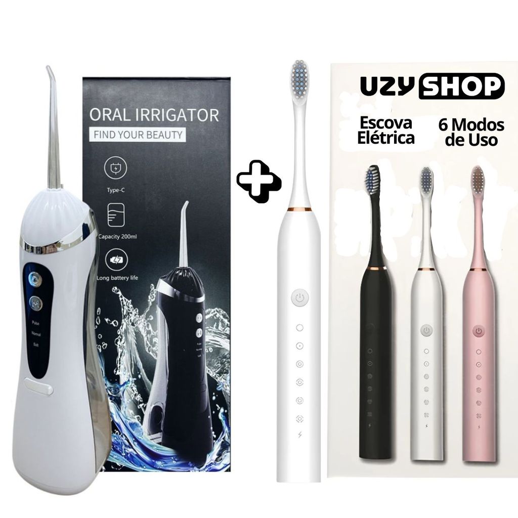 Kit Higiene Bucal Completo Escova Ultrassônica + Irrigador Oral 3 Modos Limpeza Profunda Premium