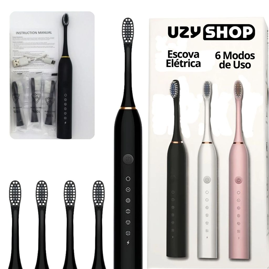 Escova Dental Elétrica Ultrassônica USB 6 Modos IPX7 Recarregável + 2 Refis Limpeza Profunda