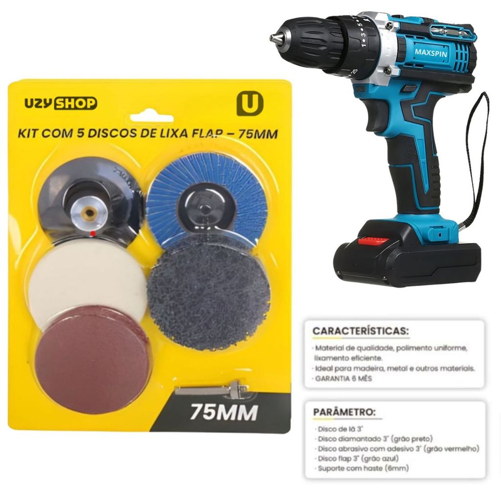 Kit 5 Discos Lixa Flap 75mm Lã Diamantado Abrasivo Aço Parafusadeira Furadeira Esmerilhadeira