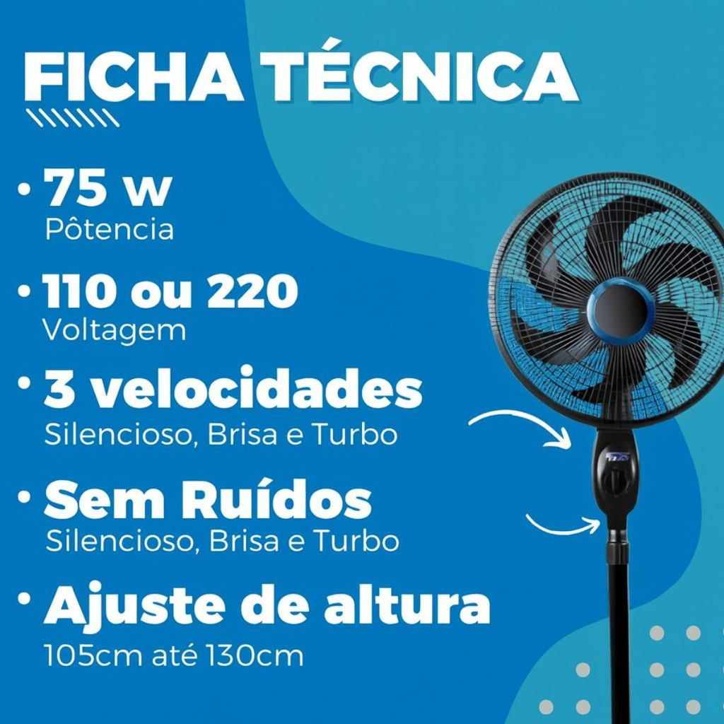 Ventilador Coluna 6 Pás Turbo Silencioso 67dB Motor 3 Velocidades Potência 70W