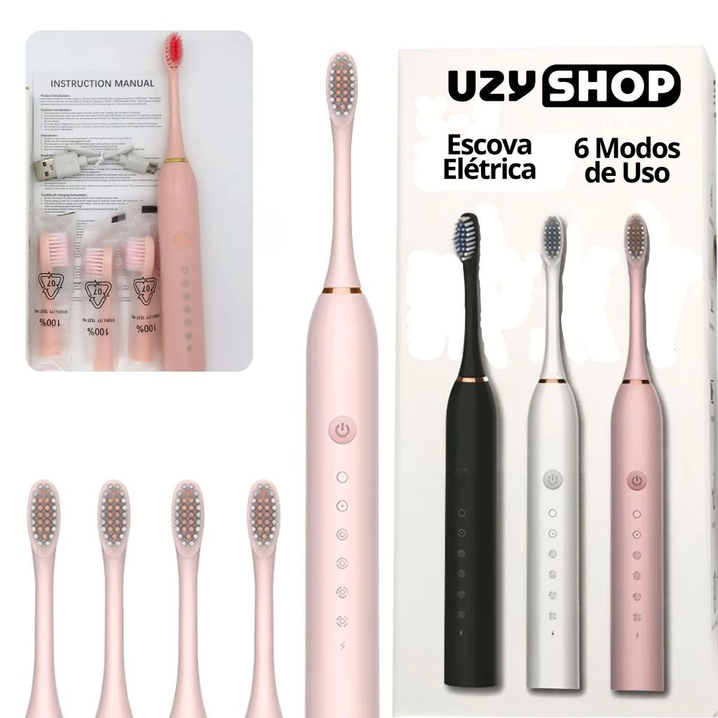 Escova Dental Elétrica Ultrassônica USB 6 Modos IPX7 Recarregável + 2 Refis Limpeza Profunda