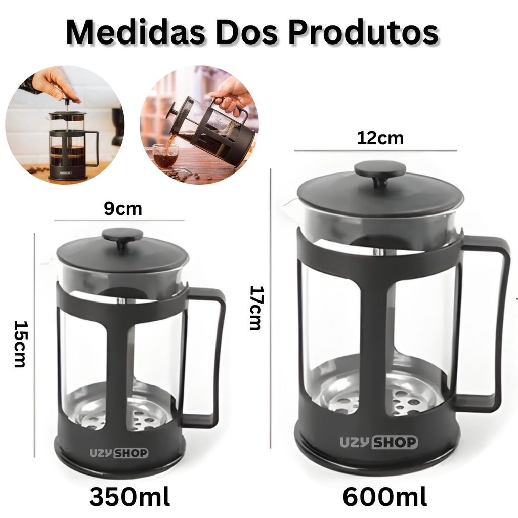 Prensa Francesa Vidro 350ml 600ml Café Filtro Inoxidável Estrutura Cromada Preta e Inox Sofisticado