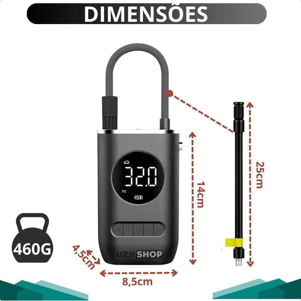 Compressor Calibrador Ar Automotivo USB-C 80W 25L/min Bateria 2000mAh Lanterna