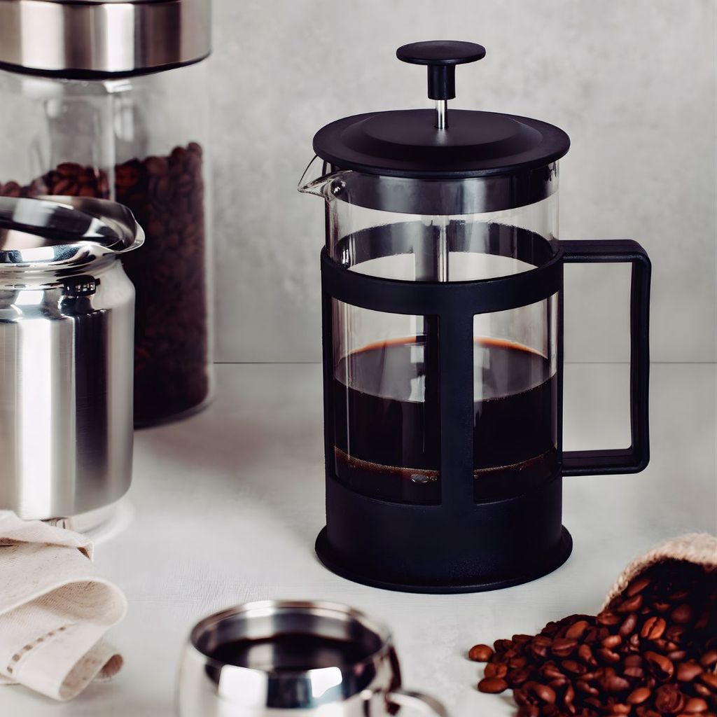 Prensa Francesa Vidro 350ml 600ml Café Filtro Inoxidável Estrutura Cromada Preta e Inox Sofisticado