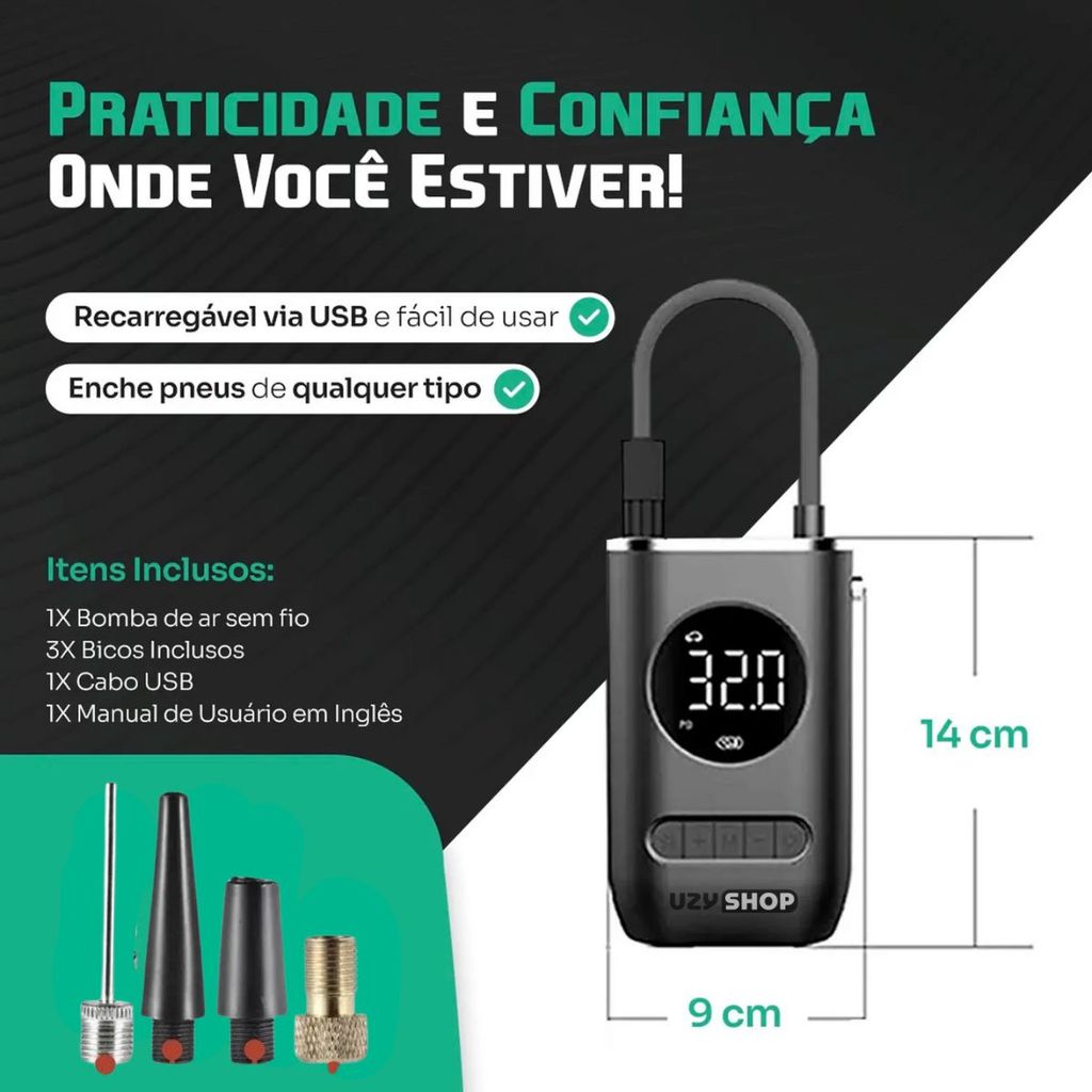 Compressor Calibrador Ar Automotivo USB-C 80W 25L/min Bateria 2000mAh Lanterna