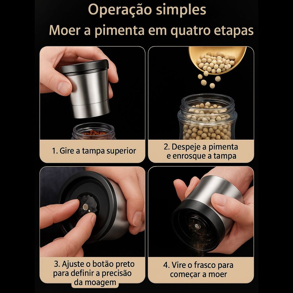 Moedor de Sal e Pimenta 2 em 1 – Aço Inox 304 com Mós Cerâmicas Ajustáveis