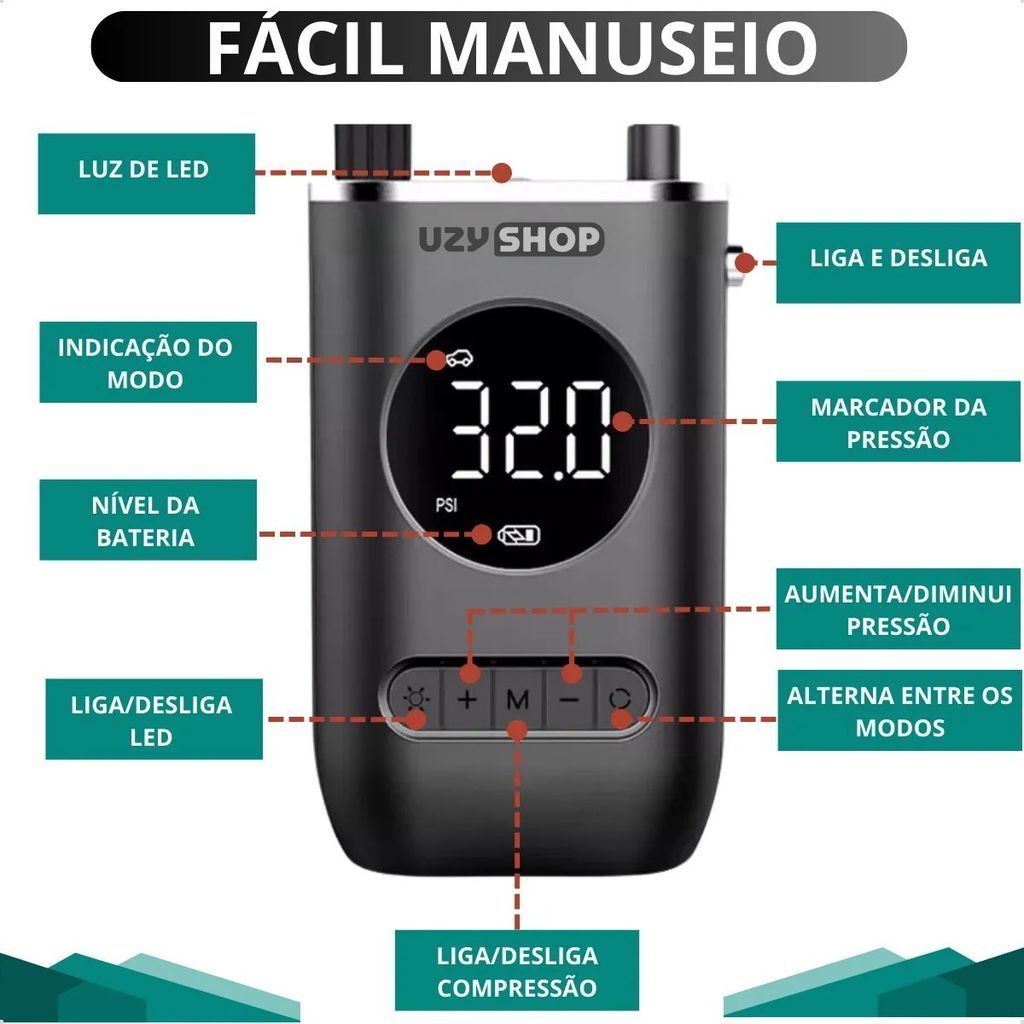Kit Completo Remendo Pneu Acessórios Compressor USB-C 25L/min Lanterna Bateria