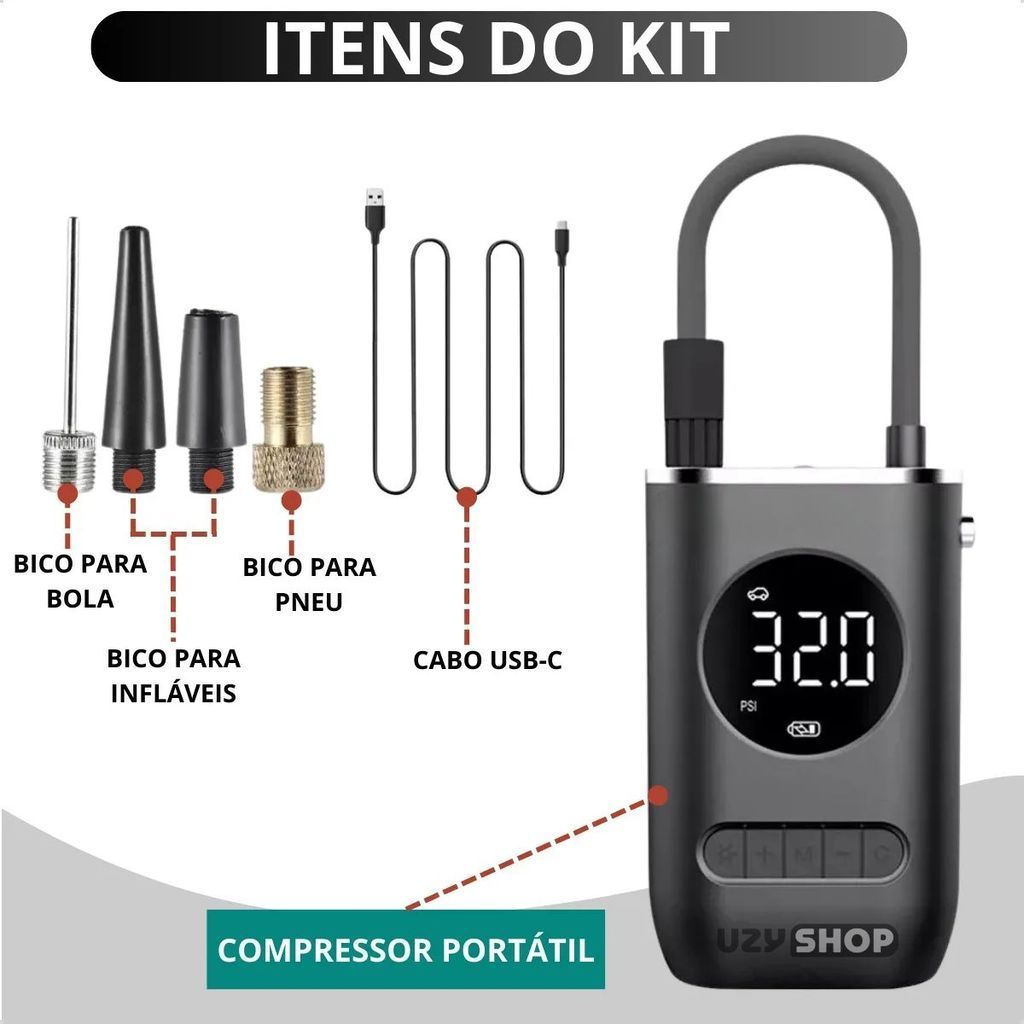 Kit Completo Remendo Pneu Acessórios Compressor USB-C 25L/min Lanterna Bateria