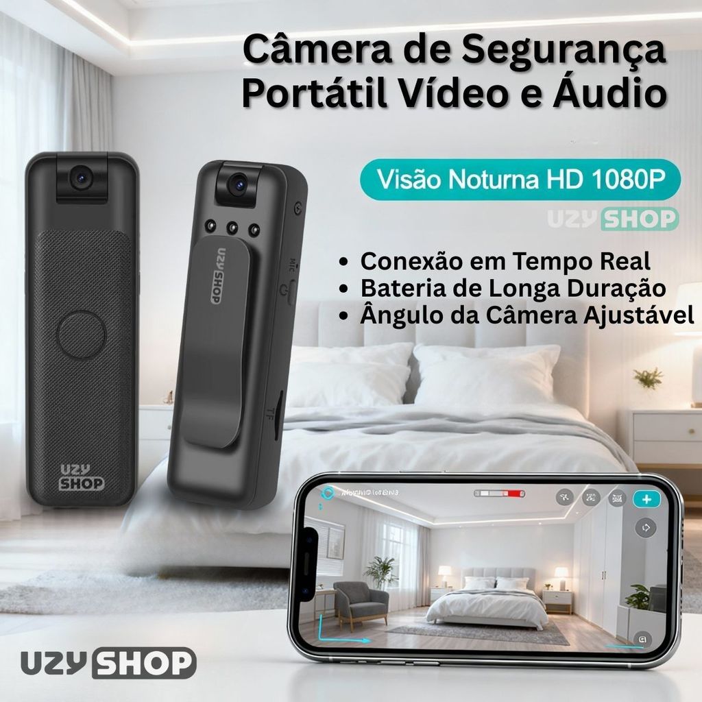 Câmera Espiã Portátil HD 1080P Visão Noturna 24/7 WIFI Tempo Real 180° Rotativa Esportes Ação