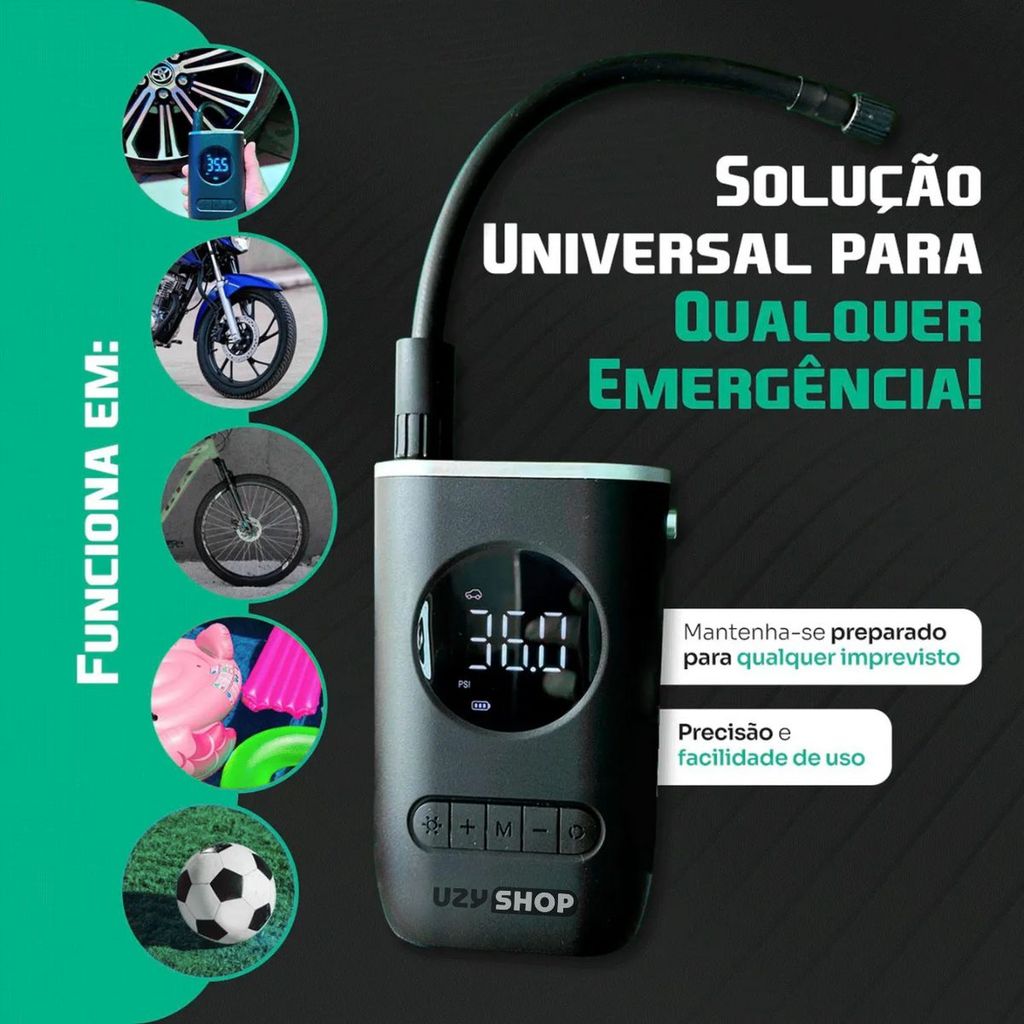 Kit Completo Remendo Pneu Acessórios Compressor USB-C 25L/min Lanterna Bateria